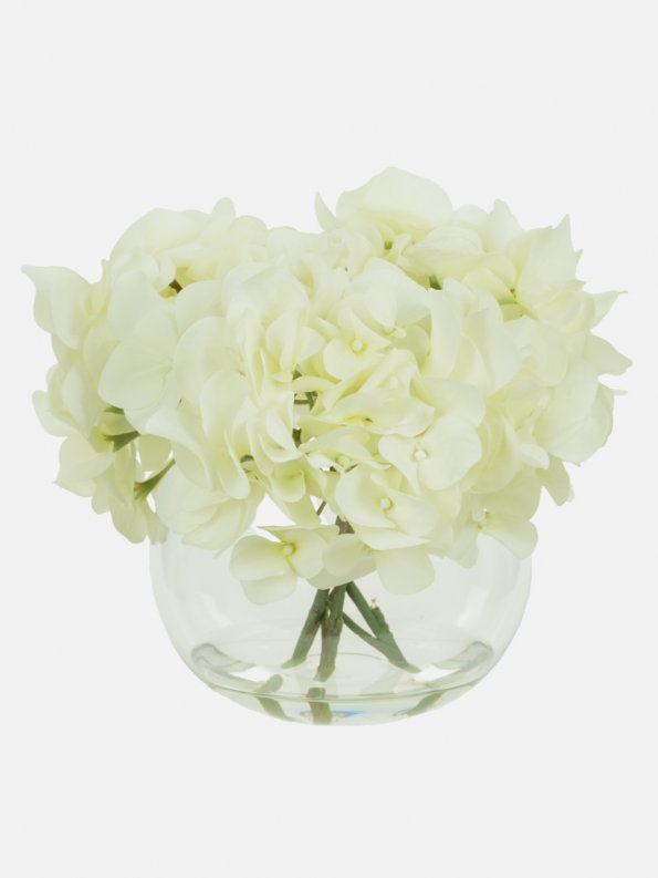 White Hydrangeas in Globe Vase